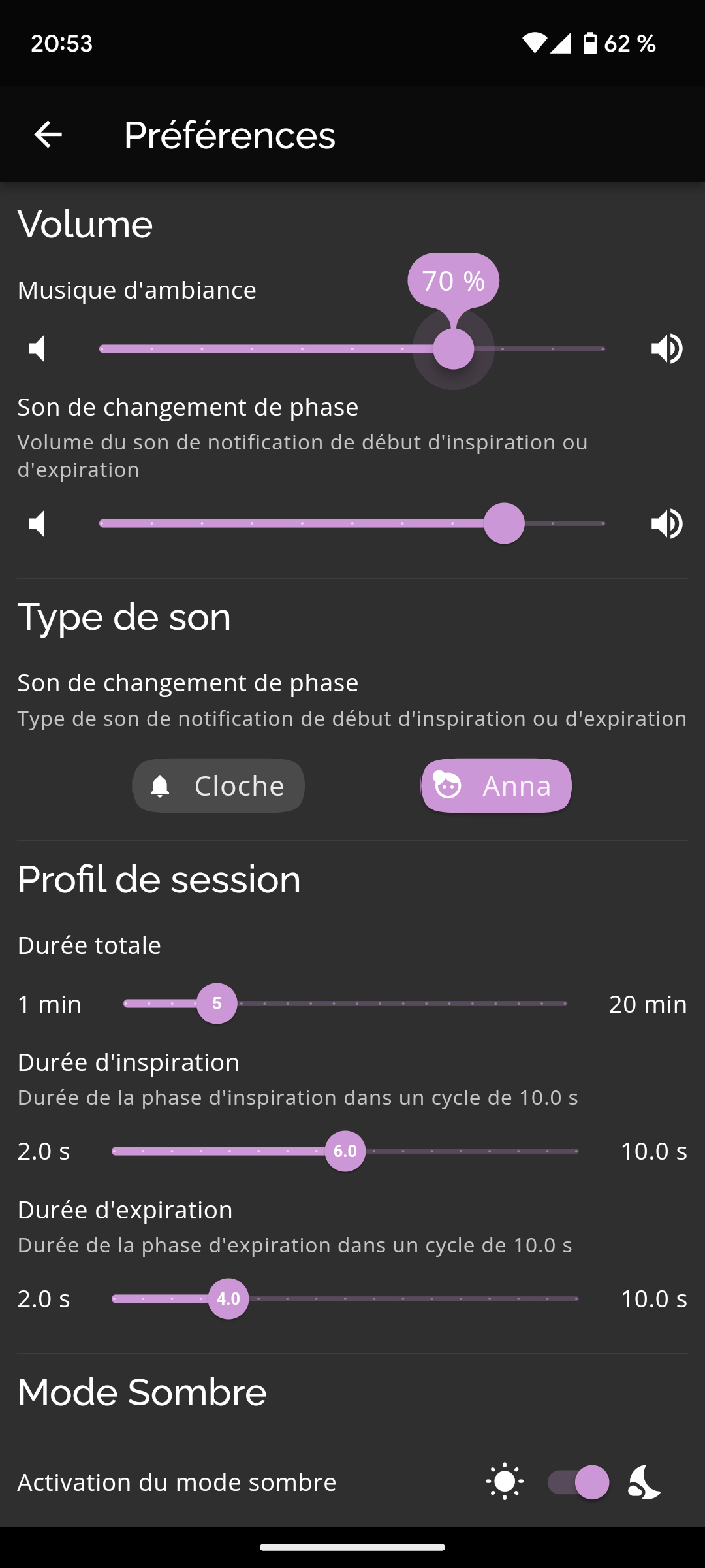 Top Breath coherence cardiaque screenshot setting audio dark mode img