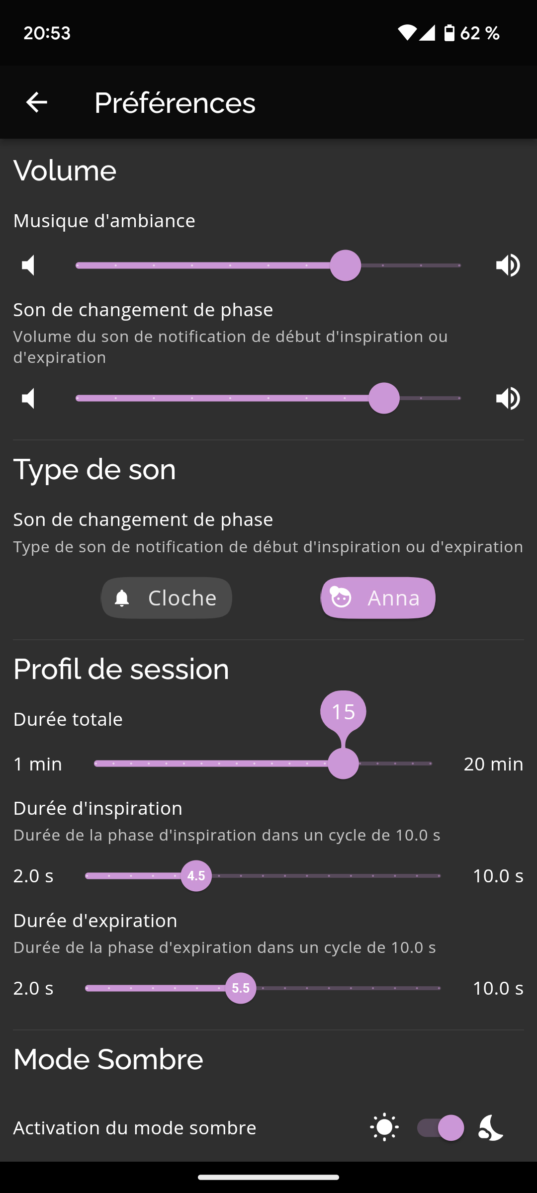 Top Breath coherence cardiaque screenshot setting exercise dark mode img